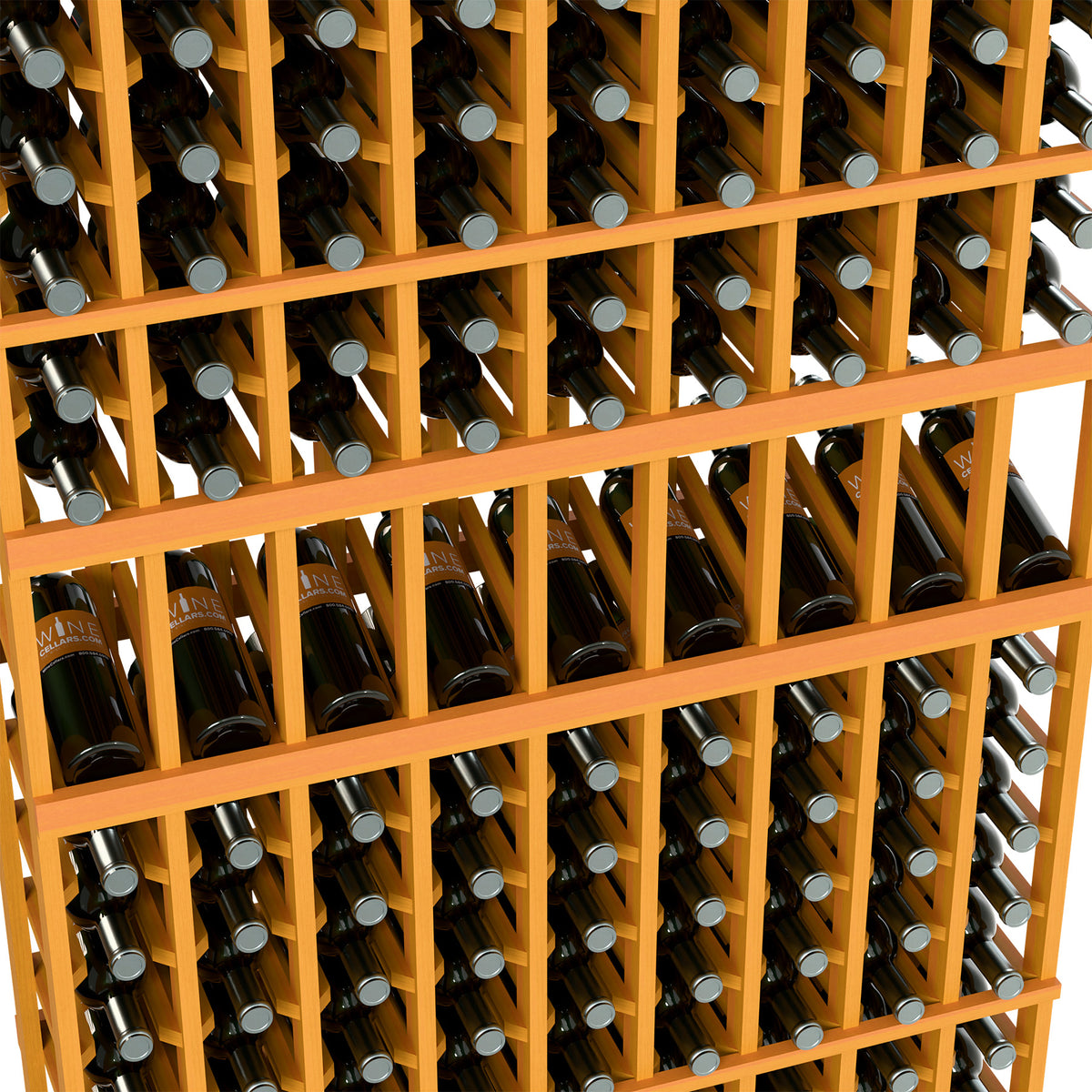 Close-up of wine bottle display rack with 9 columns, light wood dividers and bottles