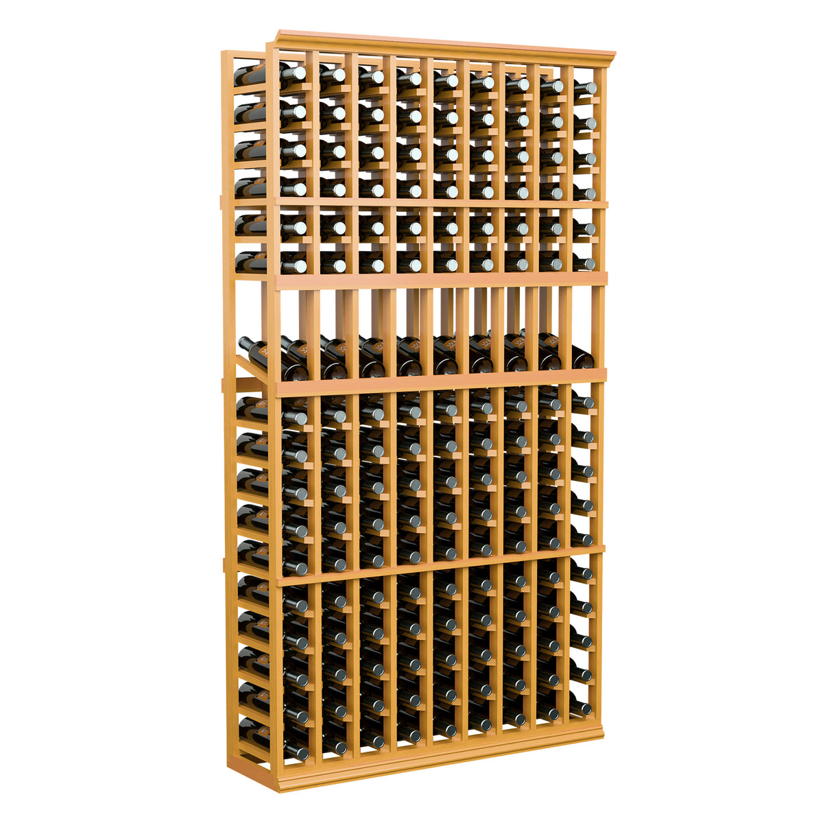 Wine bottle display rack with 9 columns, light wood frame holding rows of bottles