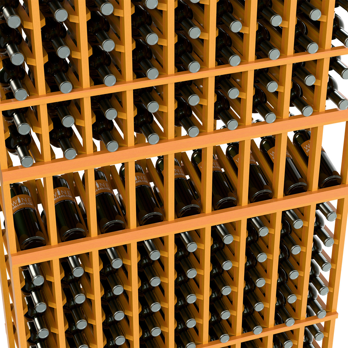 Close-up of wine bottle display rack with 9 columns, bright light wood lattice and bottles