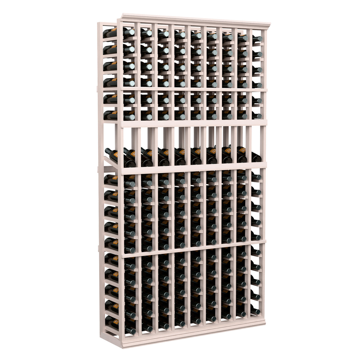 Wine bottle display rack with 9 columns, whitewashed frame with rows of bottle slots