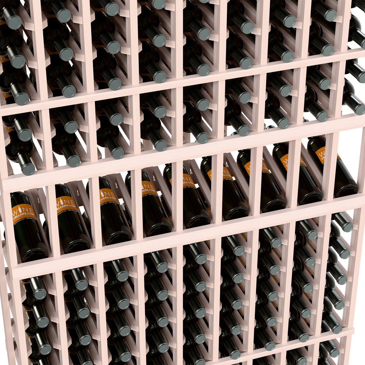 Close-up of wine bottle display rack with 9 columns, whitewashed dividers and bottles