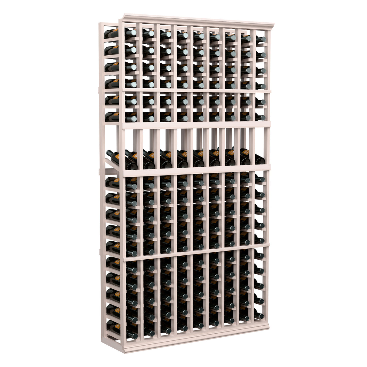 Wine bottle display rack with 9 columns, whitewashed wood frame and bottle storage rows