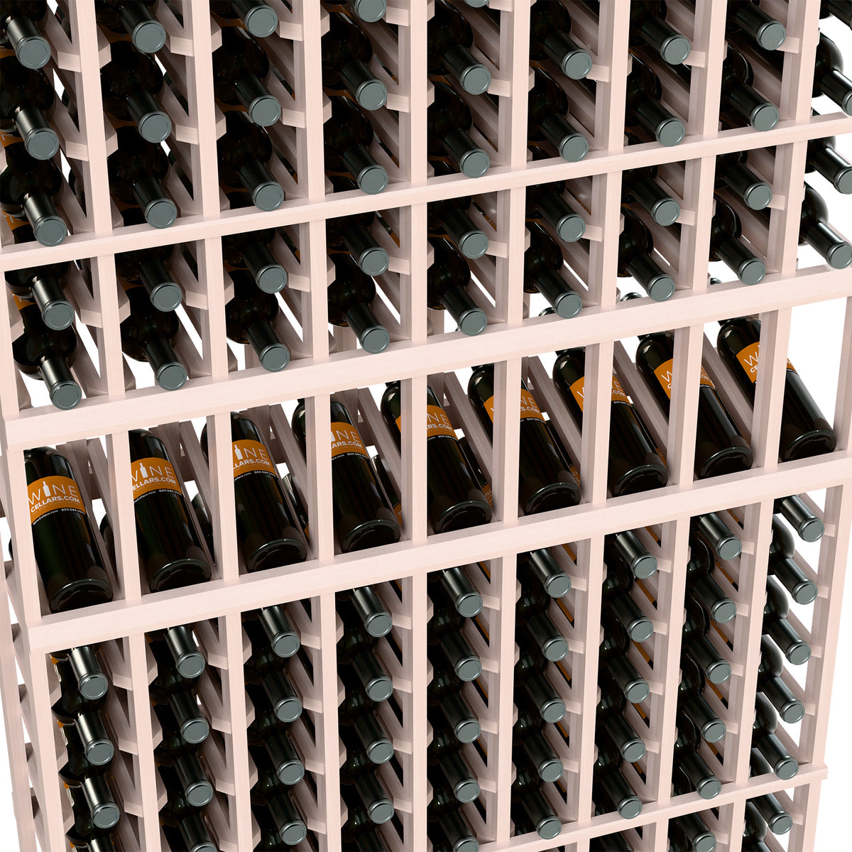 Close-up of wine bottle display rack with 9 columns, white dividers and stored wine bottles