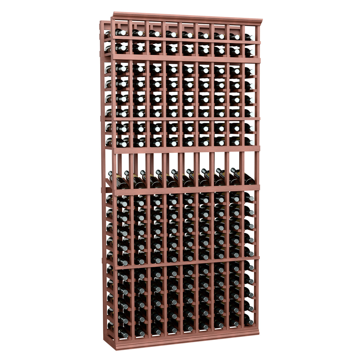 Wine display rack with 9 columns, brown wood frame and bottle holder grid