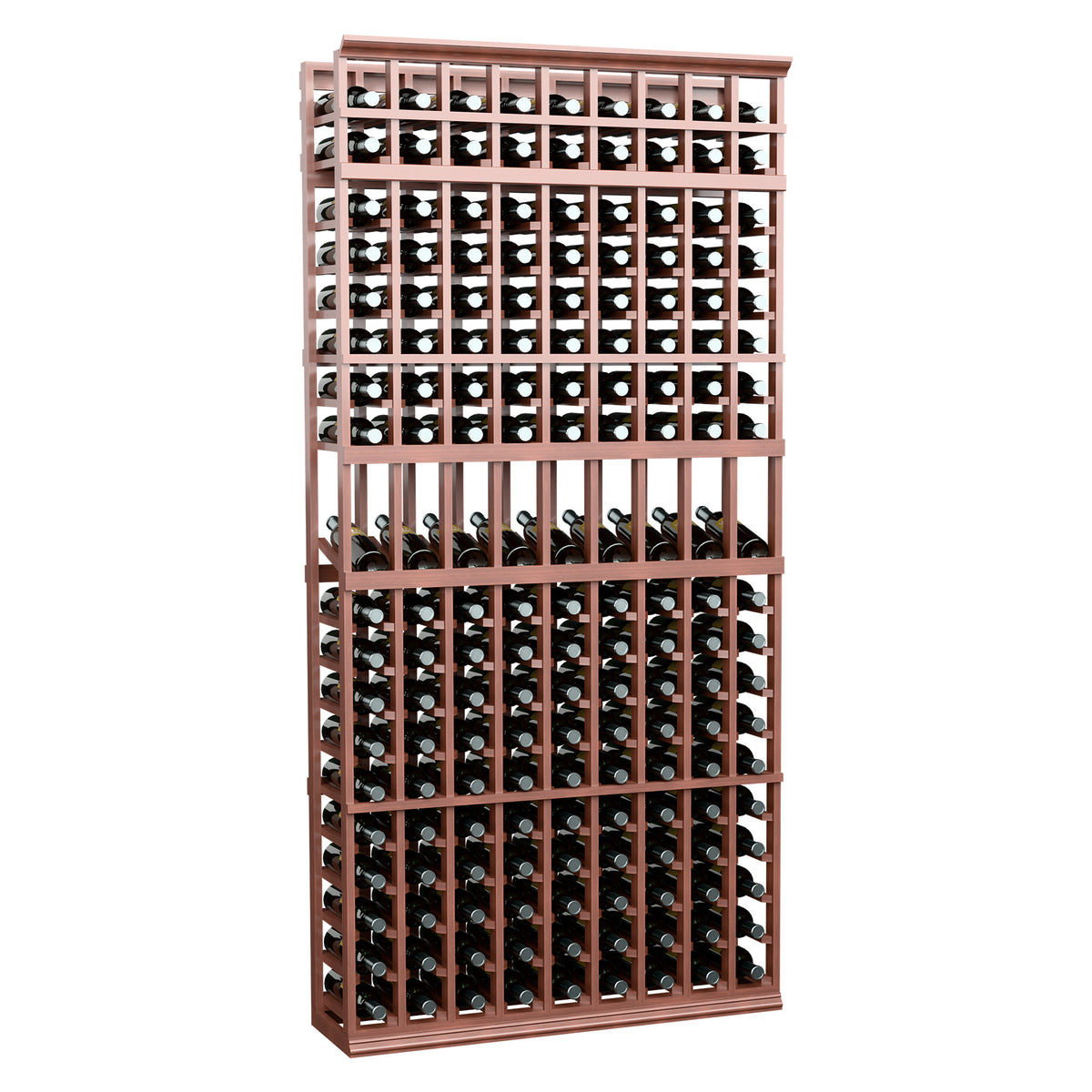 Wine display rack with 9 columns, brown wood frame and bottle grid display