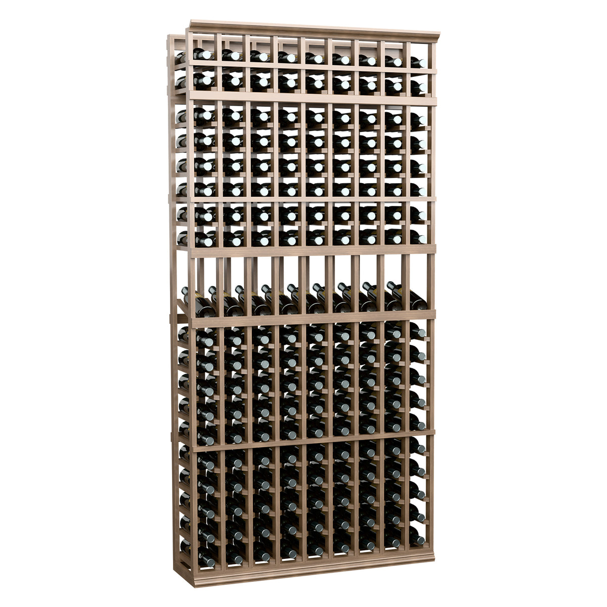 Wine display rack with 9 columns, tan wood frame with bottle grid display