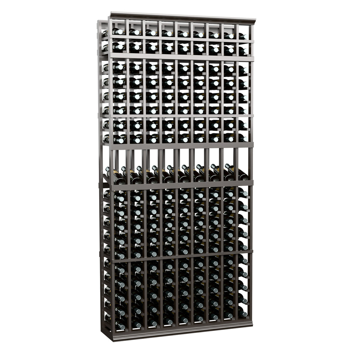 Wine display rack with 9 columns, black metal frame and front bottle grid rows