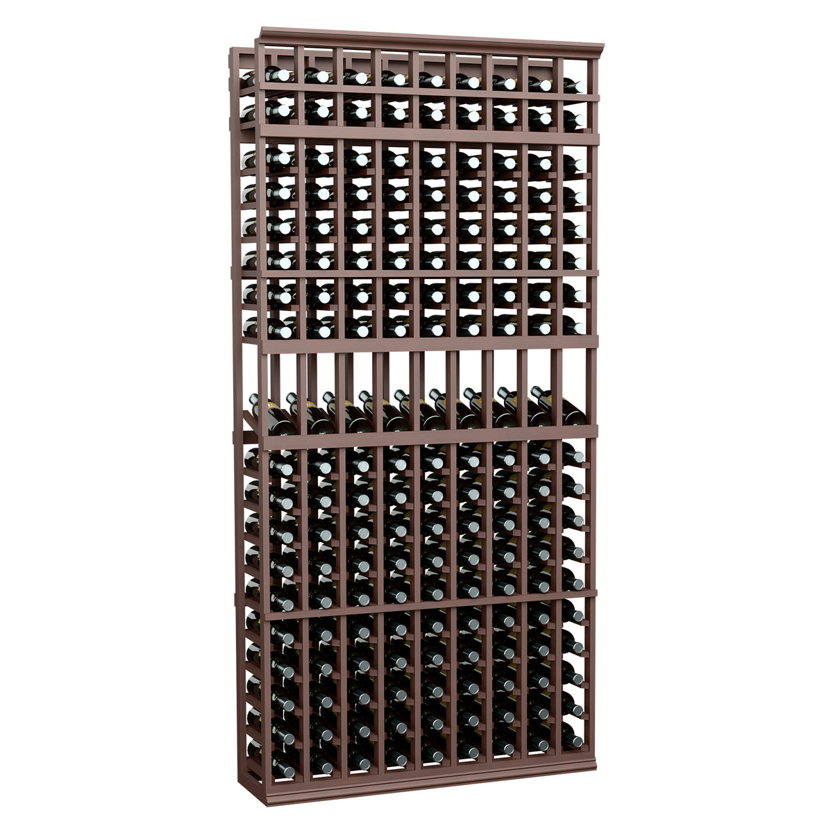9-column display wine rack, 7 ft tall, dark brown wood frame with bottle slots