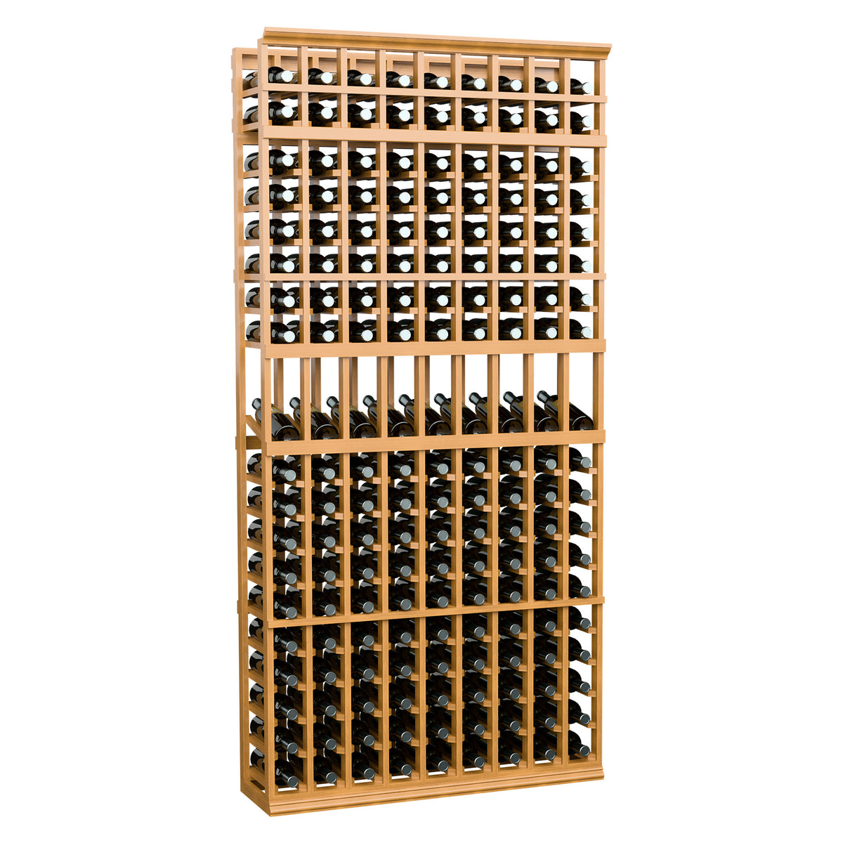 9-column display wine rack, 7 ft tall, golden wood frame with bottle slots
