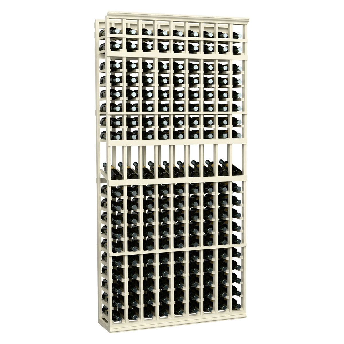 9-column display wine rack, 7 ft tall, whitewashed light wood frame with bottle slots