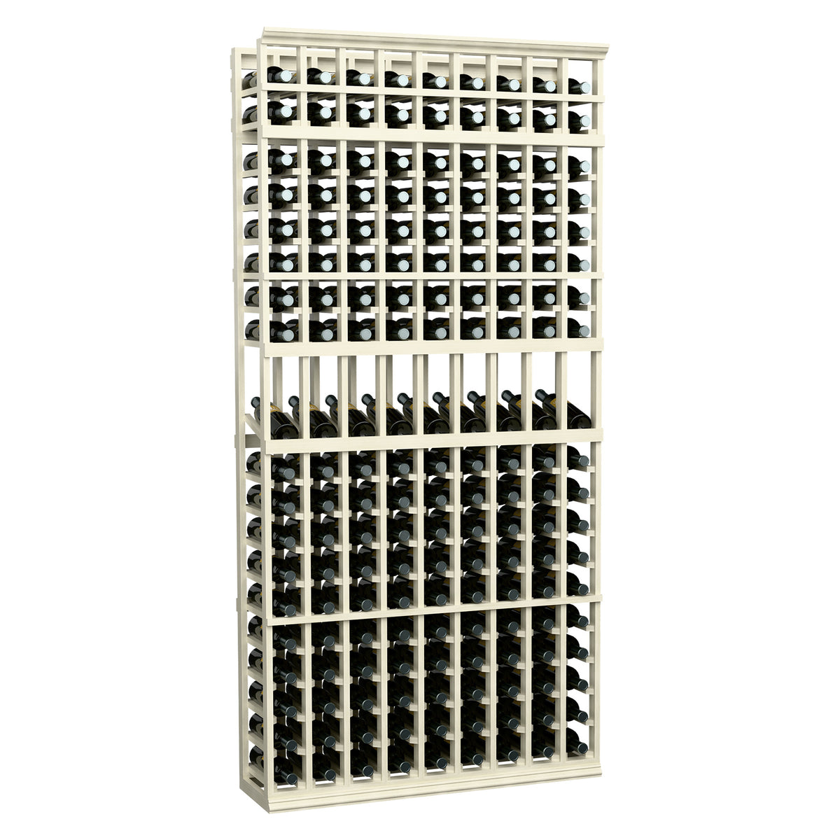 9-column display wine rack, 7 ft tall, white wood frame with bottle slots