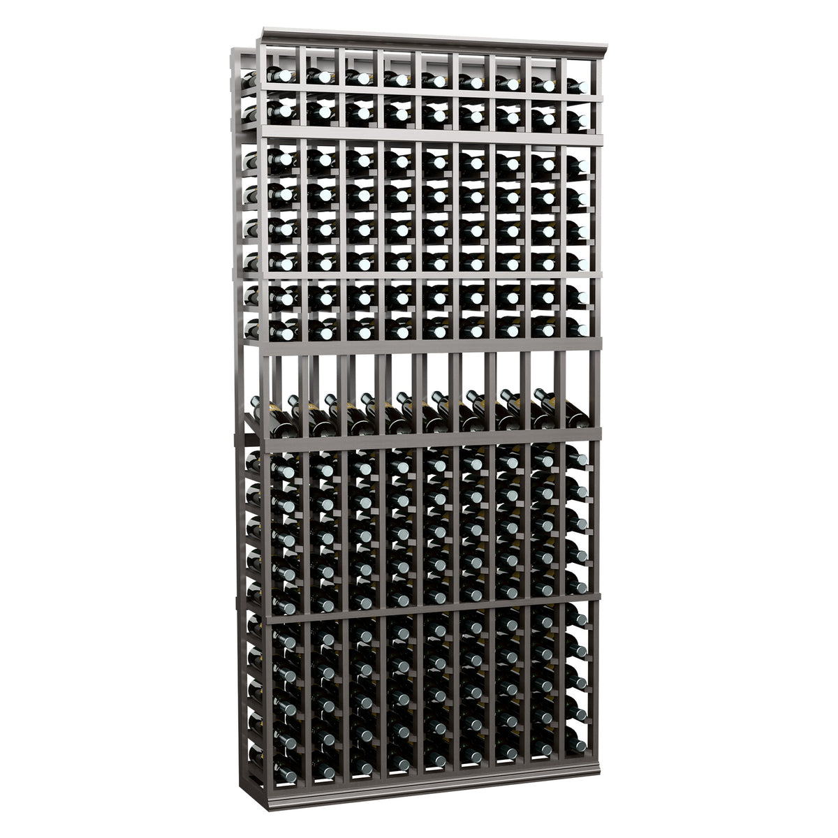 9-column wine display rack with dark gray metal frame and stacked bottle slots