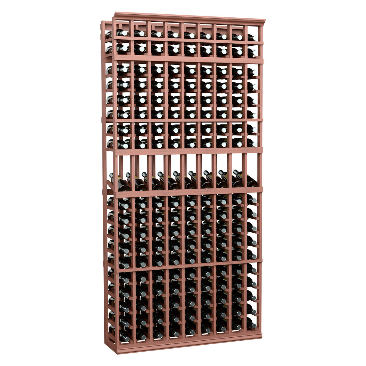 9-column wine display rack with copper-brown metal grid and horizontal bottle rows