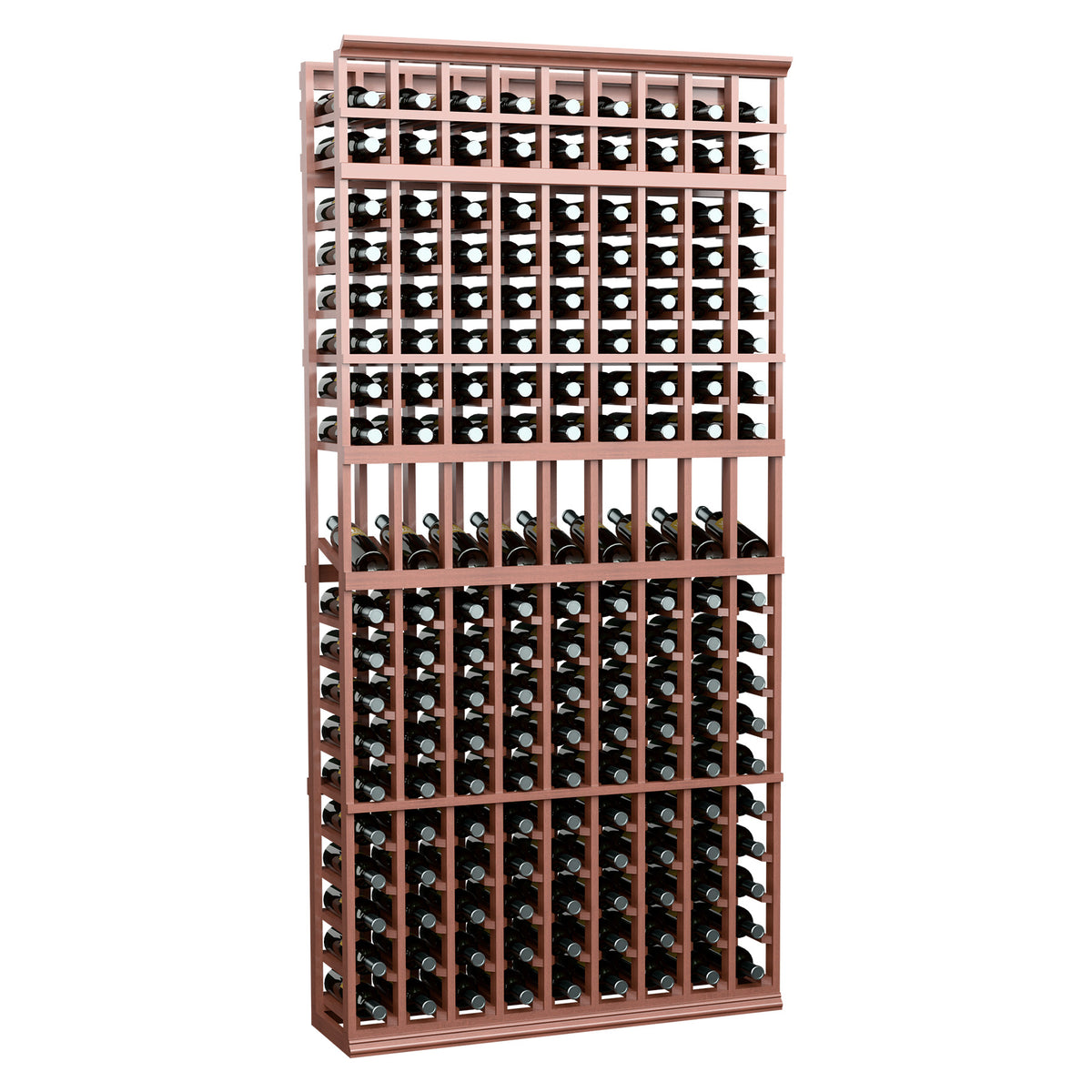 9-column wine display rack with warm brown metal frame and bottle storage grid