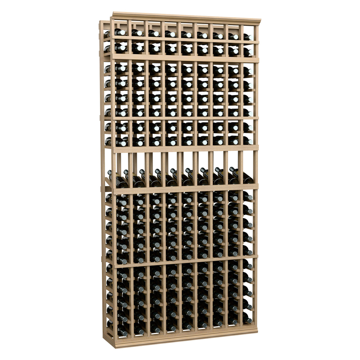 9-column wine display rack with light tan wood-look frame and bottle storage grid