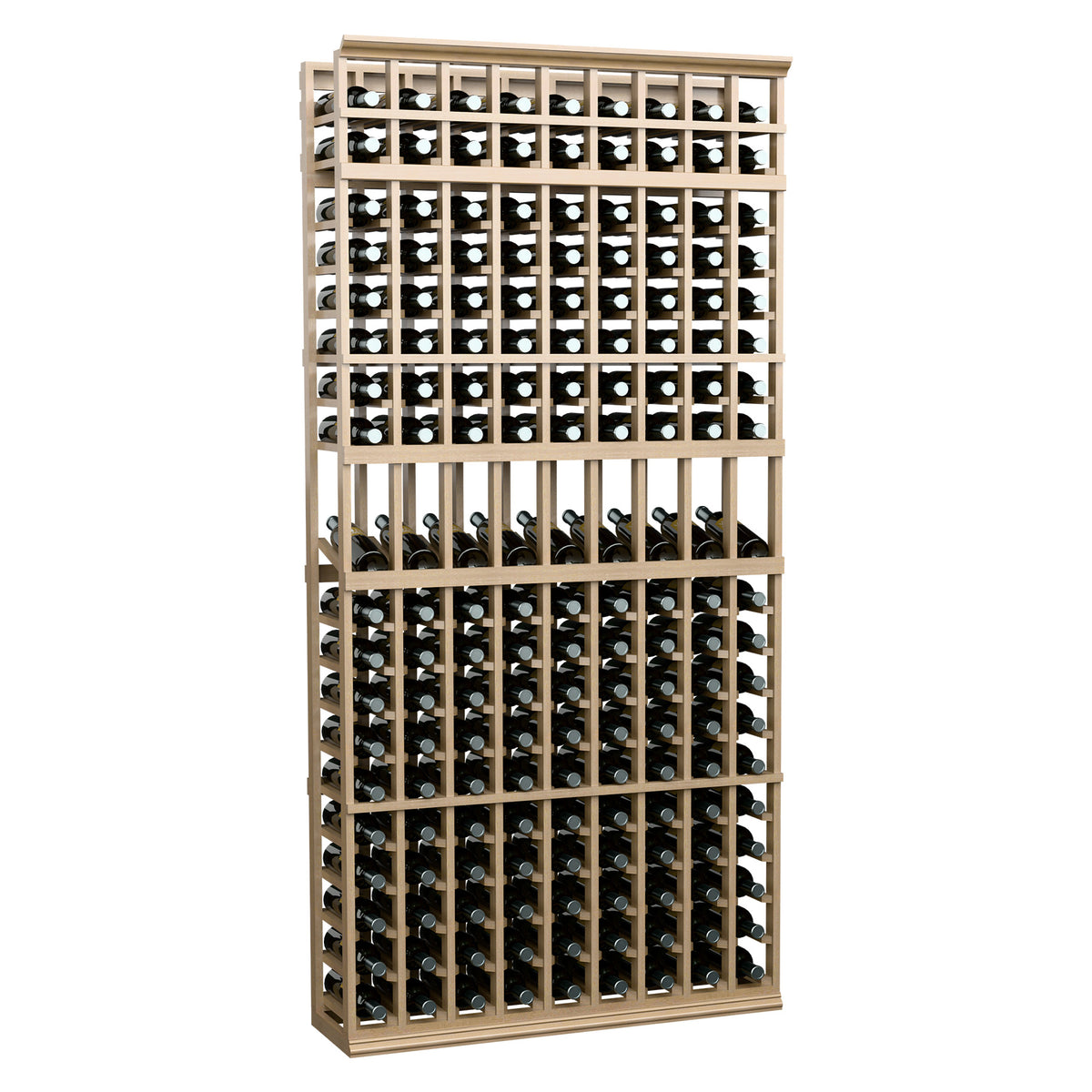 9-column wine display rack with beige metal grid and horizontal bottle rows