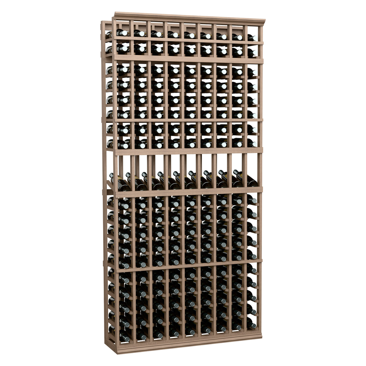 9-column wine display rack with tan metal frame and wine bottle storage rows