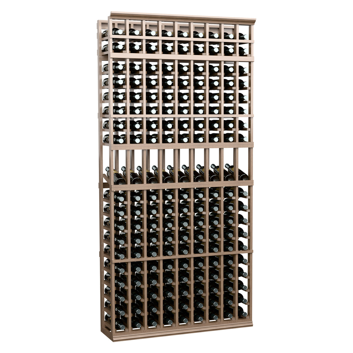 9-column wine display rack with light beige frame and bottle slots in metal grid