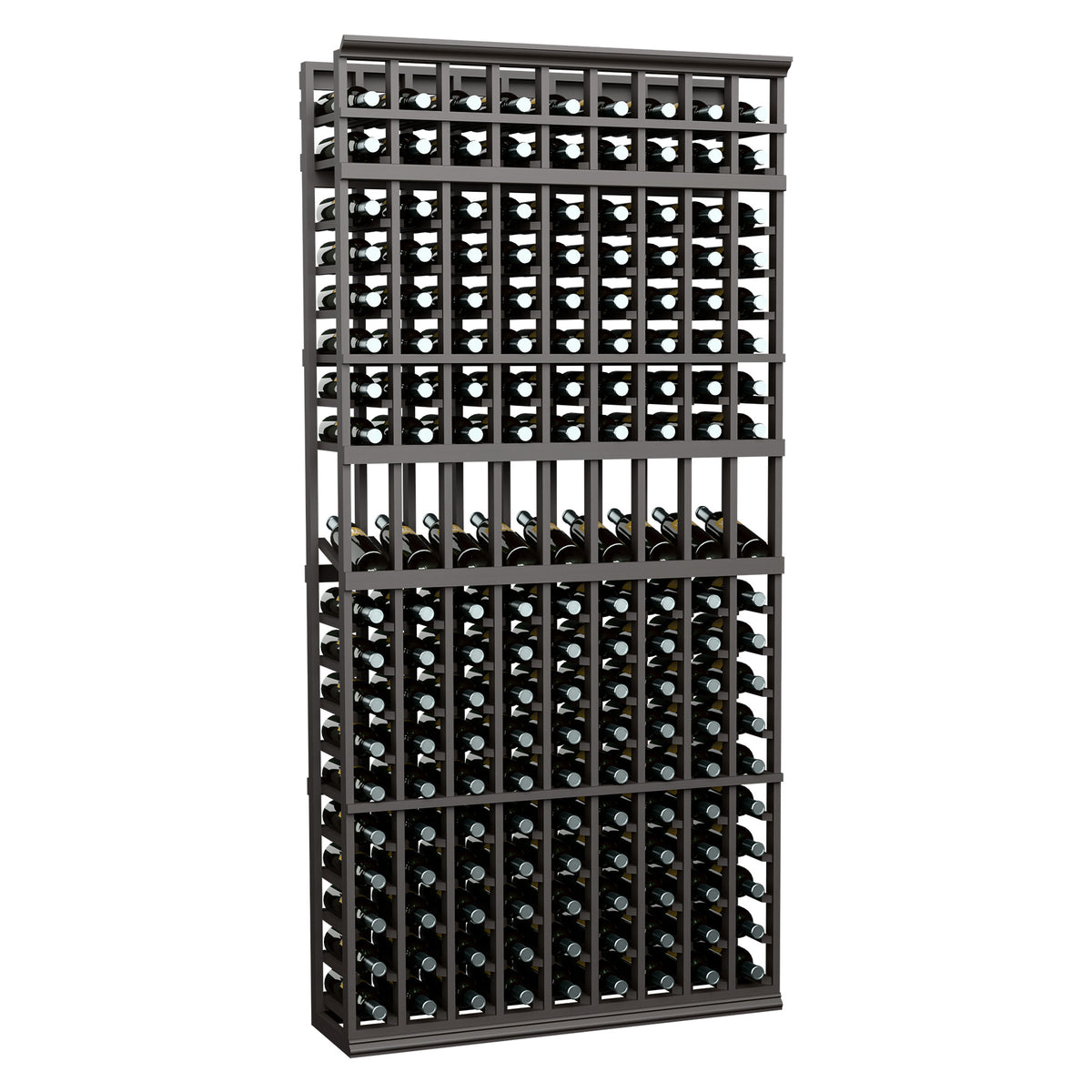 9-column wine display rack with black metal grid and multiple bottle rows