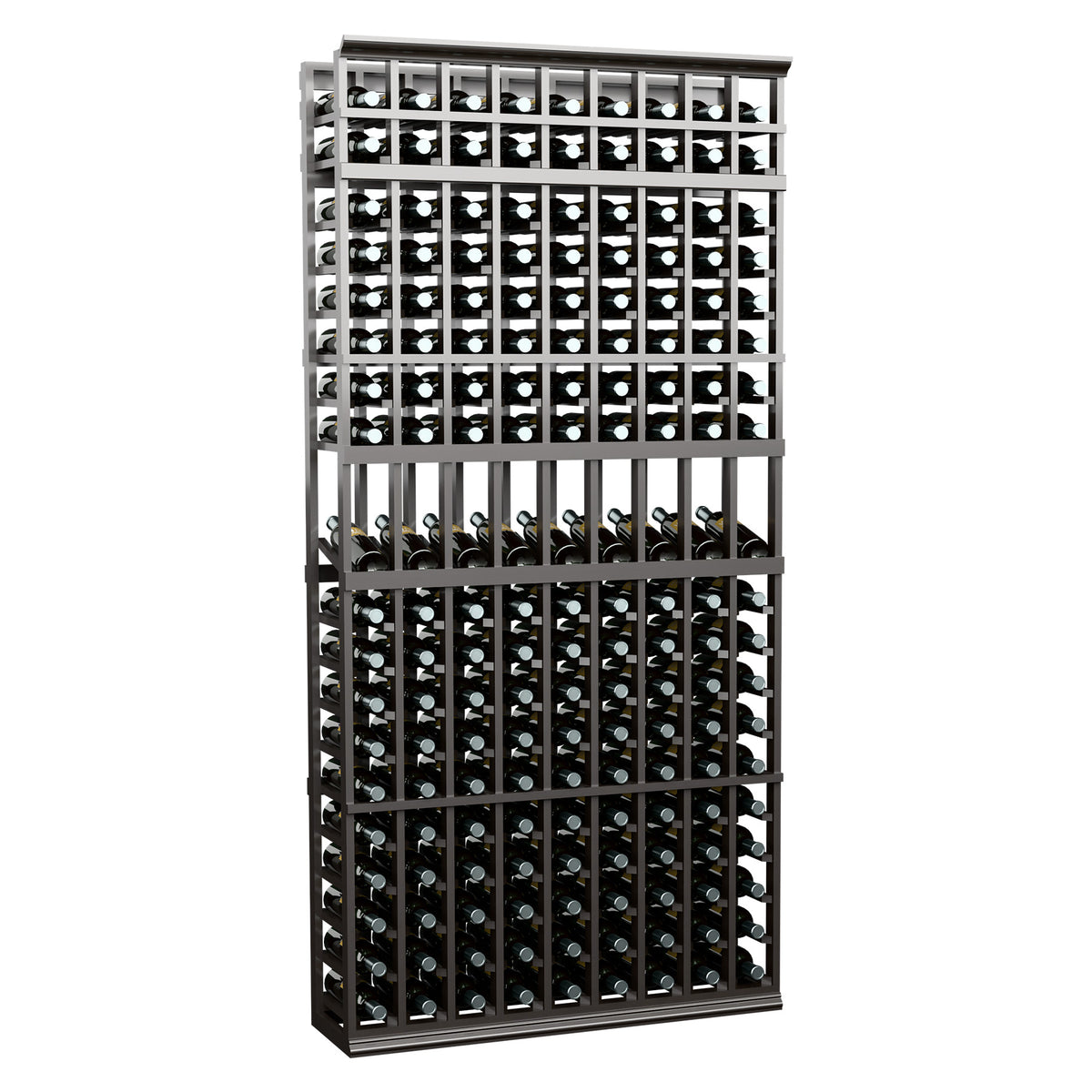 9-column wine display rack with dark gray metal frame and grid-style bottle storage
