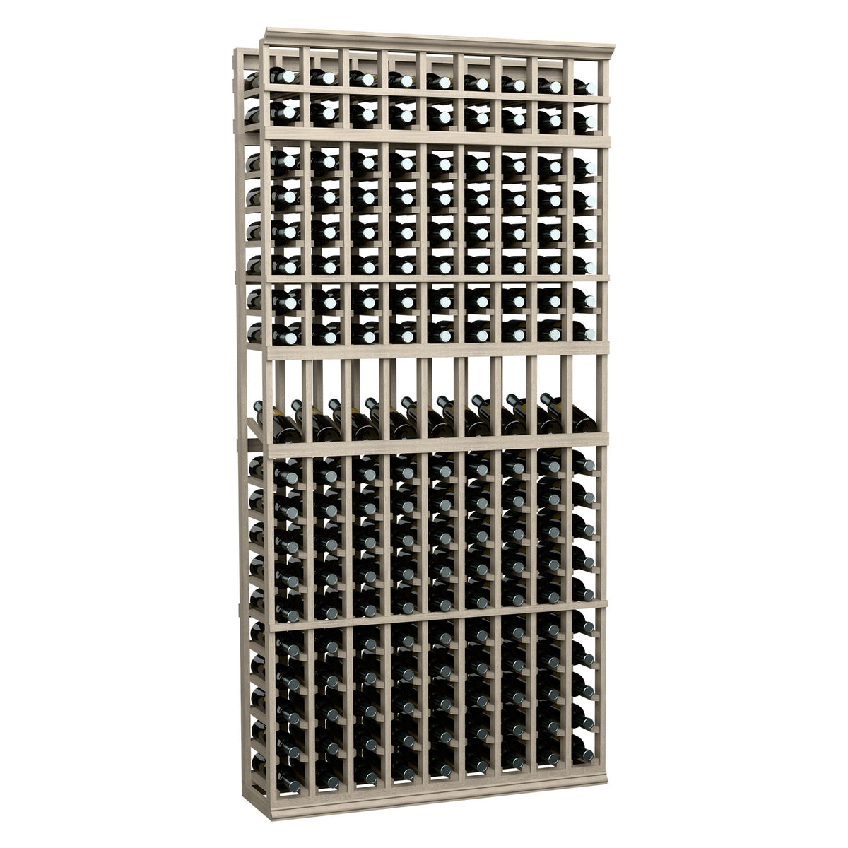 Dark gray 9-column wine display rack, 7-ft tall with rows of bottle slots.