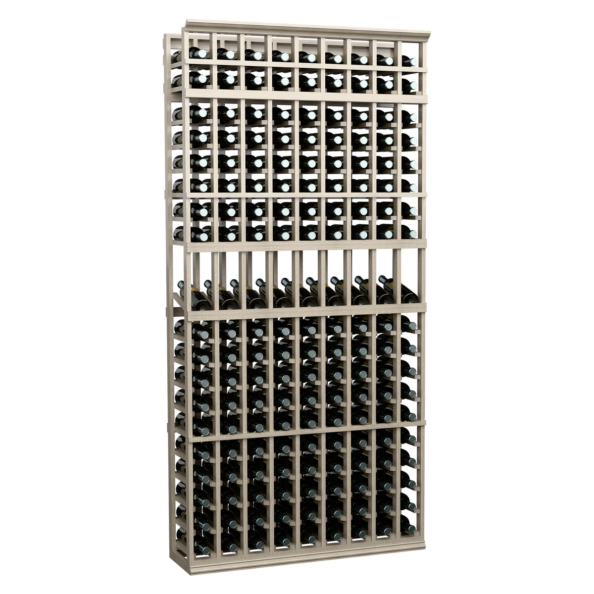 Front view of dark gray 9-column wine display rack with wine bottle compartments.