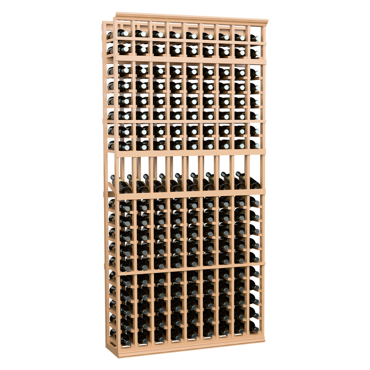 Light wood 9-column wine display rack with multiple rows of bottle openings.