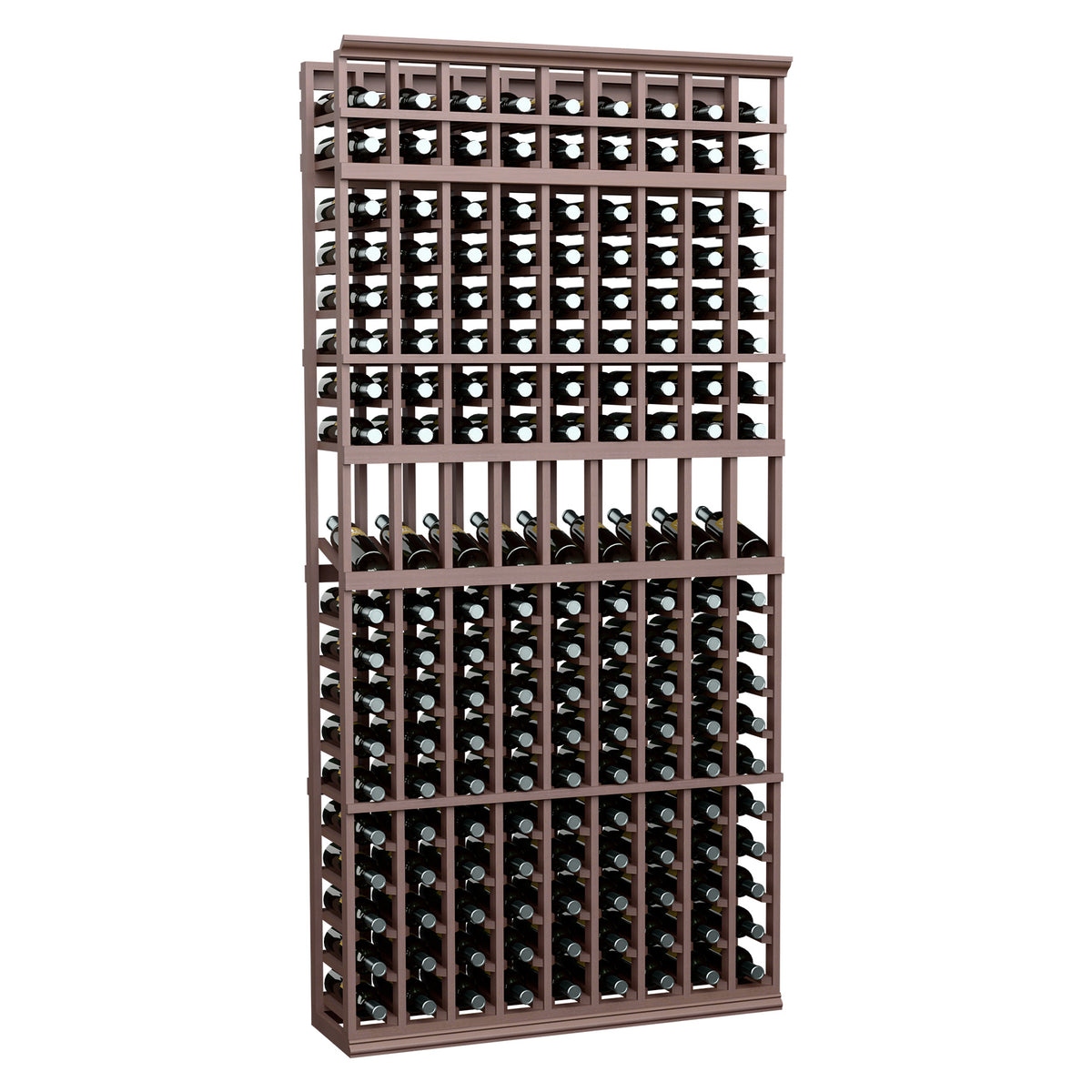 Dark brown 9-column wine display rack, 7-ft tall with a grid of bottle holders.