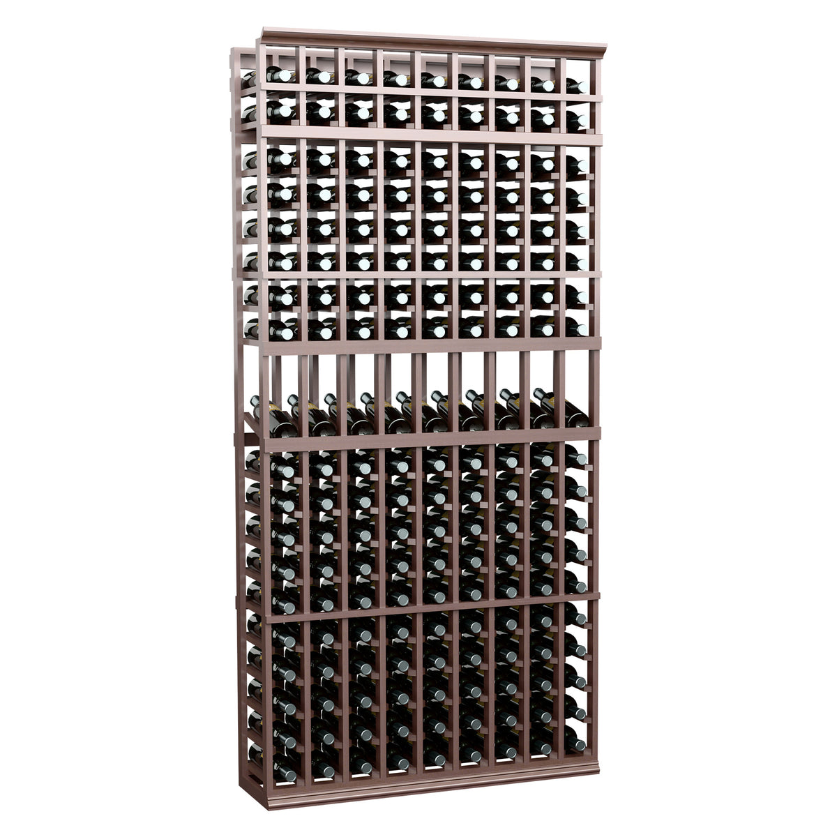 Front view of dark brown 9-column wine display rack with stacked bottle slots.