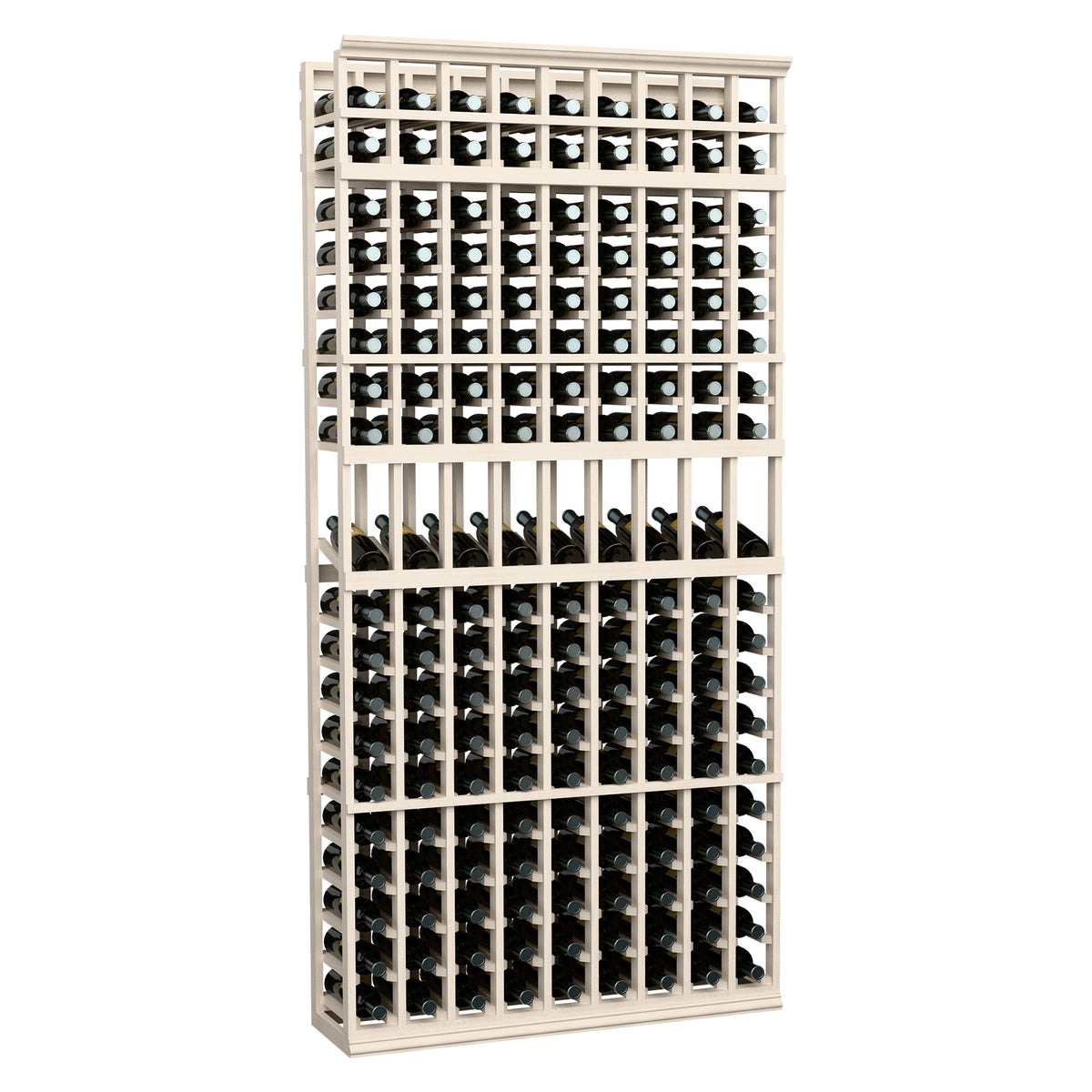 Whitewashed 9-column wine display rack, 7-ft tall with bottle storage slots.