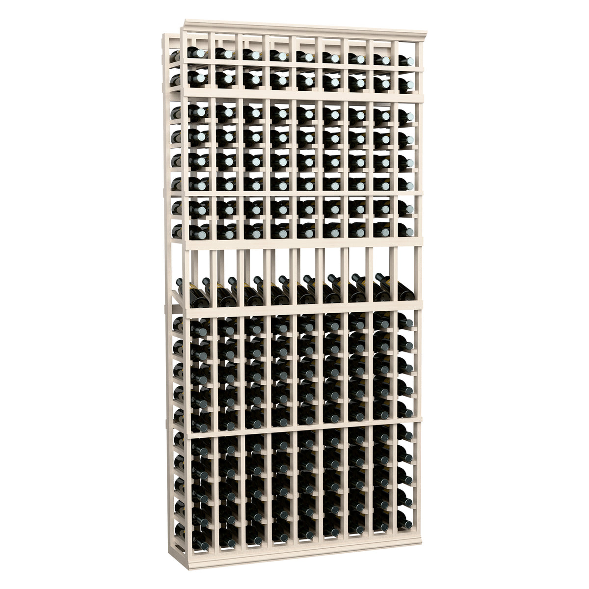 Whitewashed 9-column wine display rack front view with multiple bottle compartments.