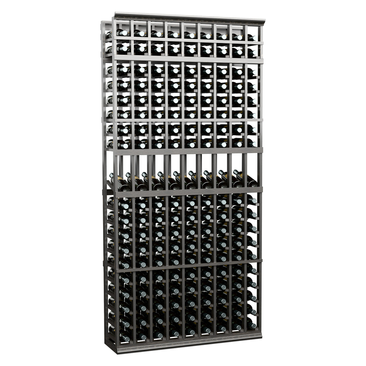 Black wine bottle display rack with grid frame, 9 columns