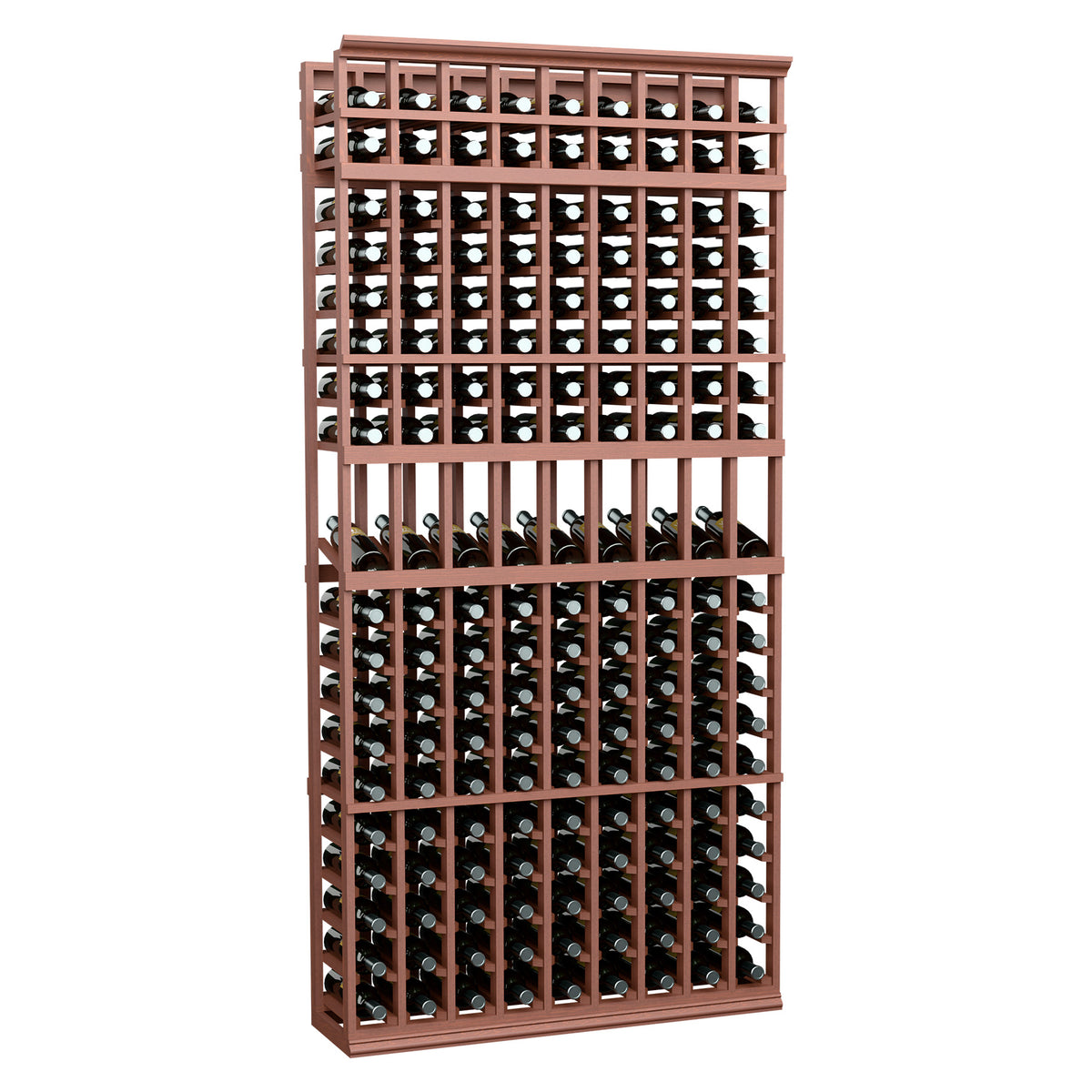 Brown wine bottle display rack with wooden frame, 9 columns