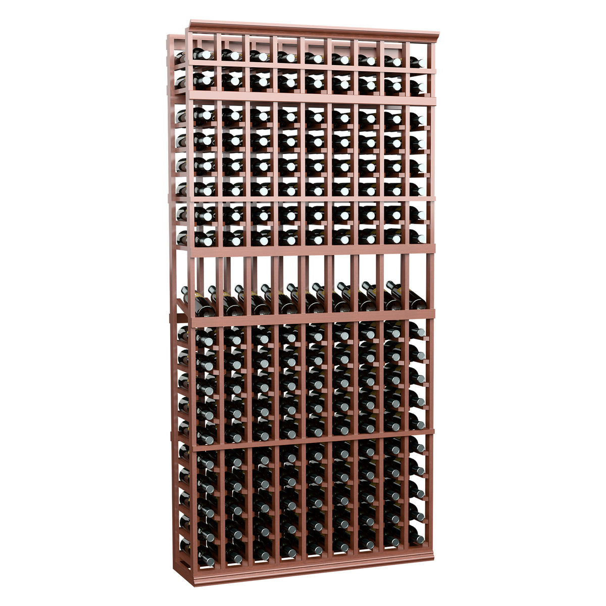 Brown wine bottle display rack with grid shelves, 9 columns