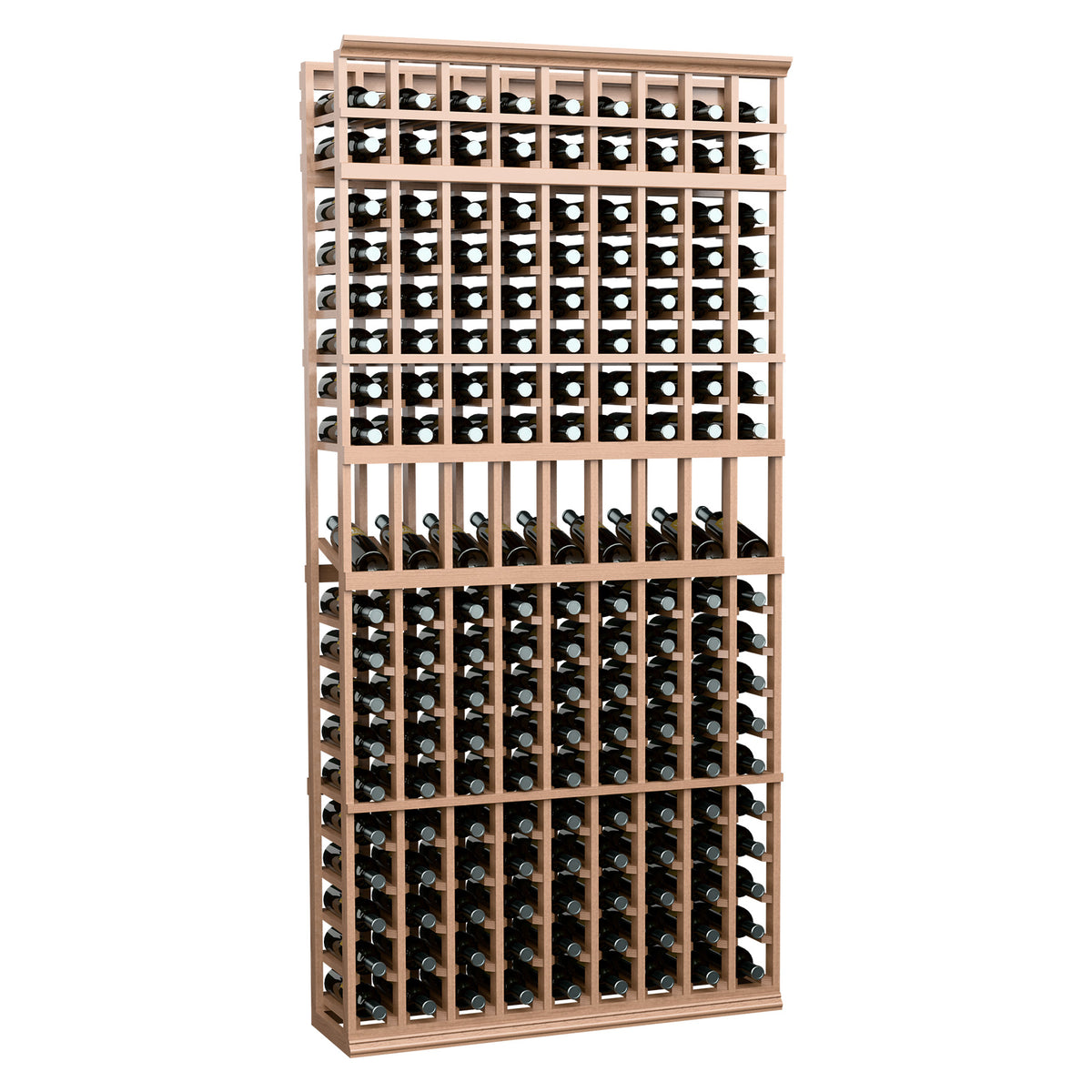 Light wood wine bottle display rack with crossbars, 9 columns