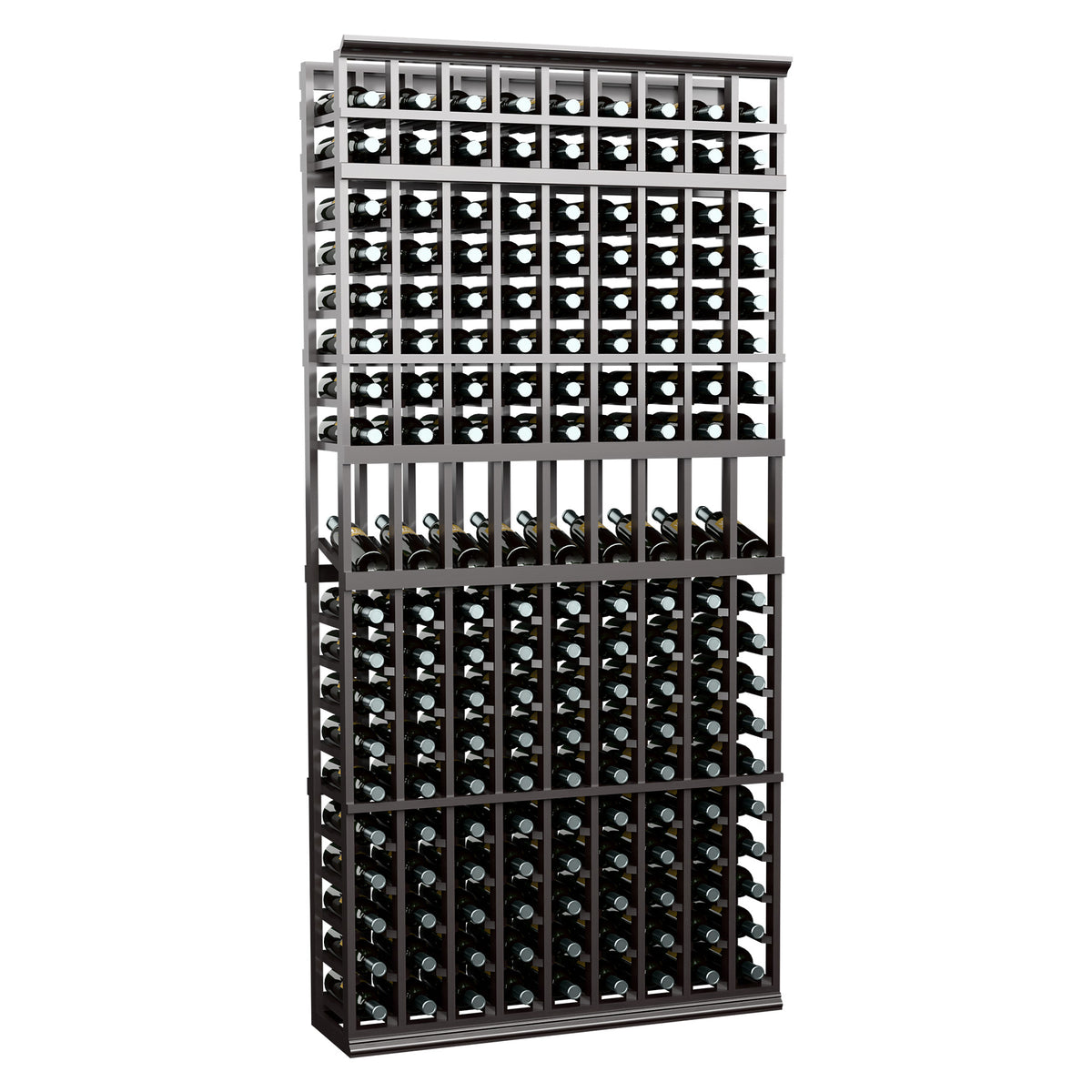 Black wine bottle display rack with metal frame, 9 columns