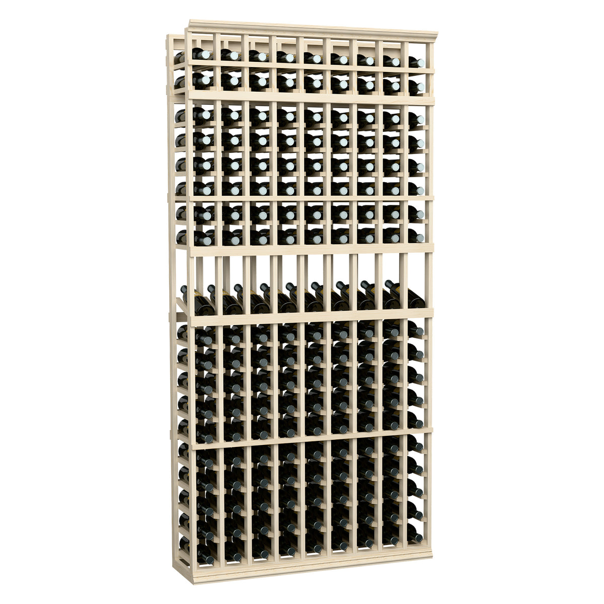 Whitewashed 9-column wine bottle display rack with rows of black bottles