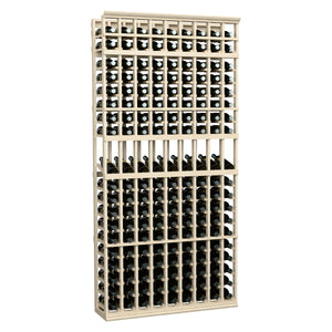 Whitewashed 9-column wine bottle display rack with rows of black bottles