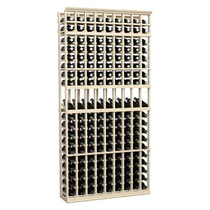Whitewashed 9-column wine bottle display rack with rows of black bottles