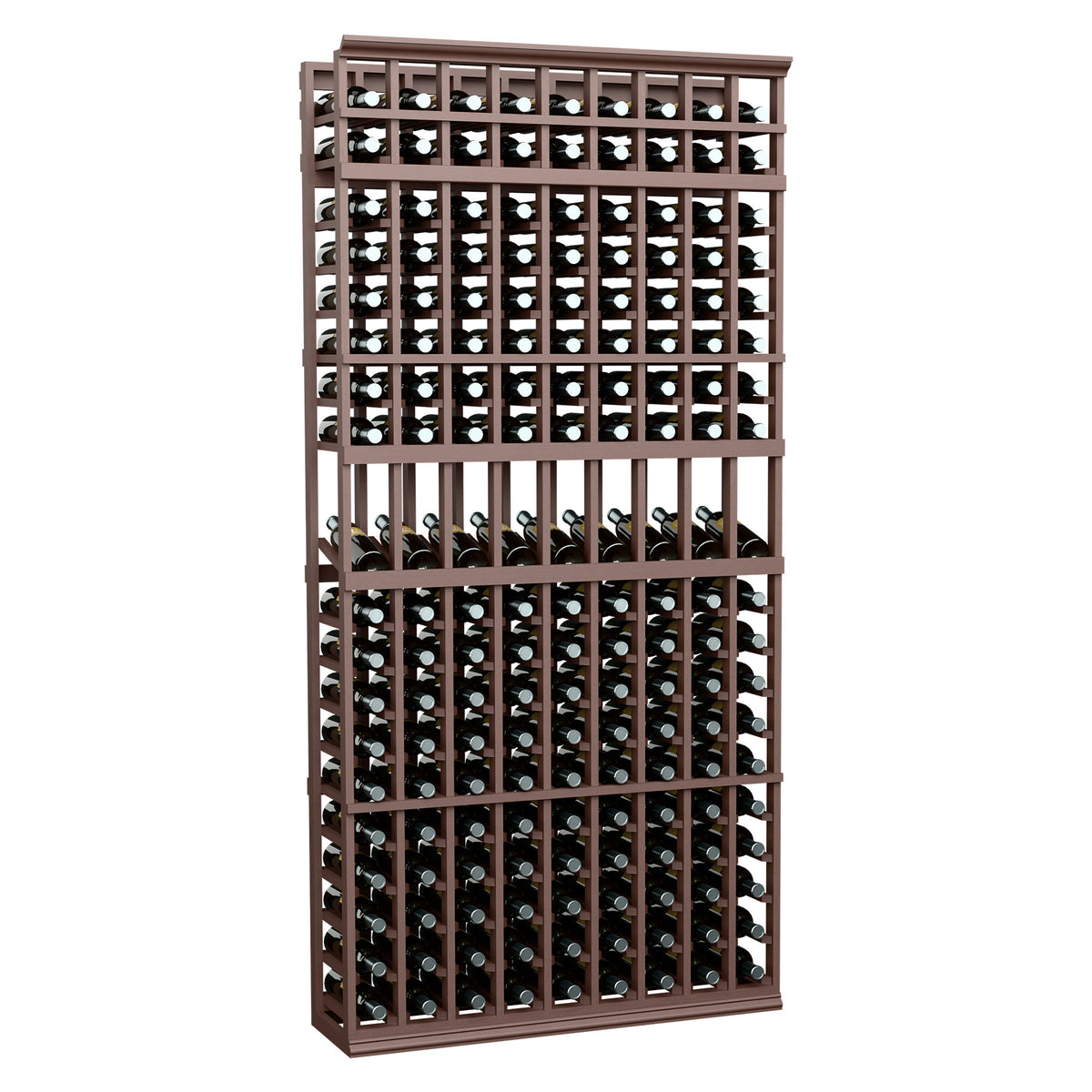 Espresso-brown wine bottle display rack with 9 columns, holding dark bottles