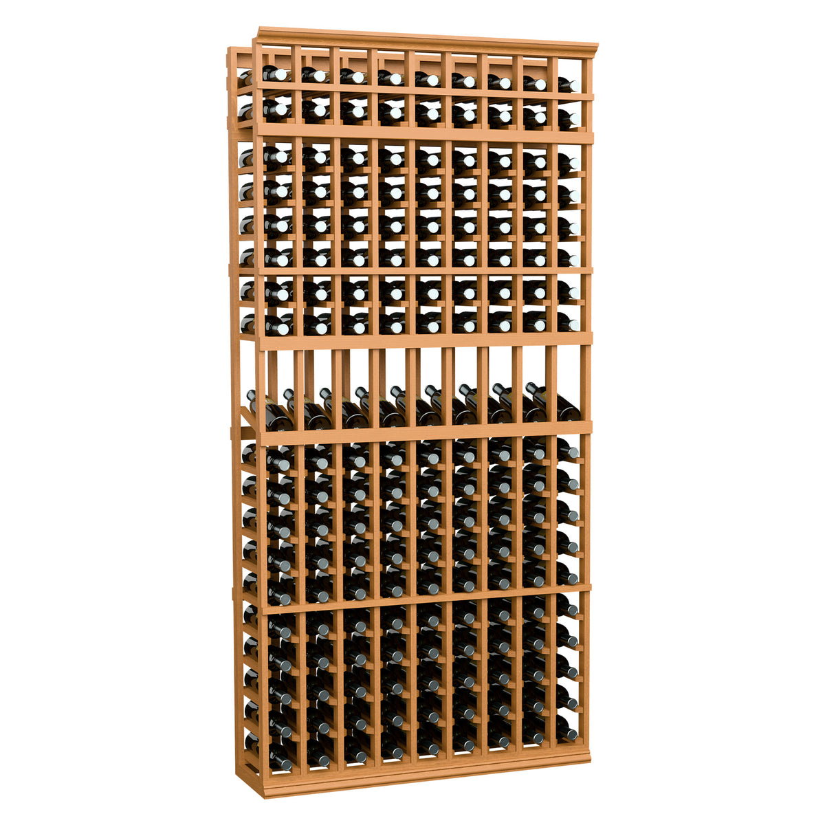 Natural wood wine bottle display rack with 9 columns and bottle slots
