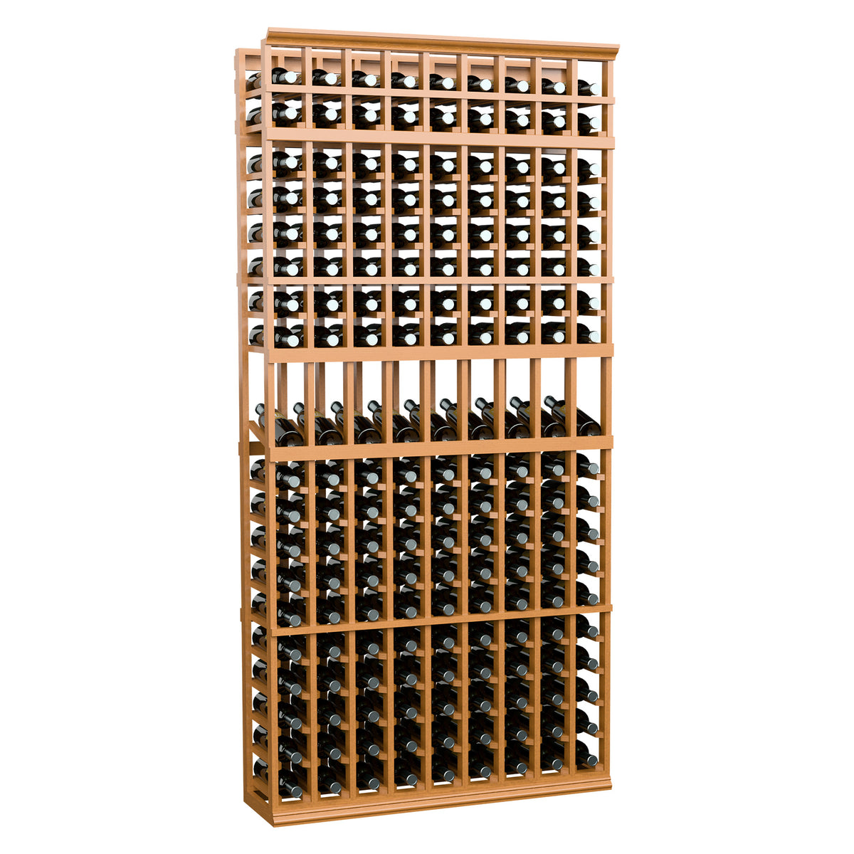 Light wood wine rack with 9 columns, holding bottles in organized rows