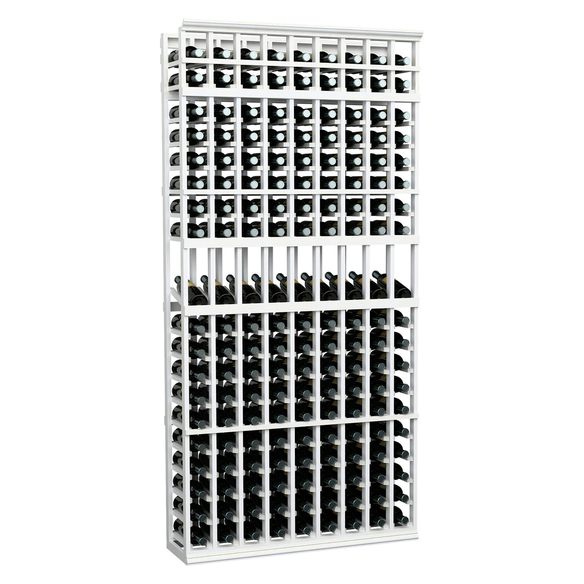 White wine bottle display rack with 9 columns, showing rows of bottles