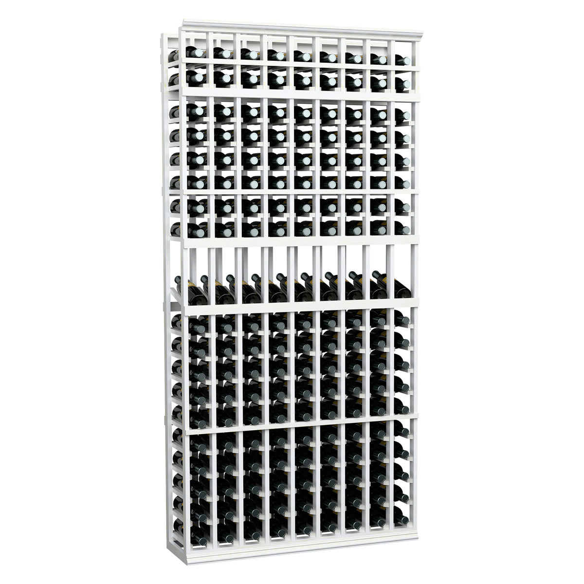 Whitewashed wine bottle display rack with 9 columns and bottle storage rows
