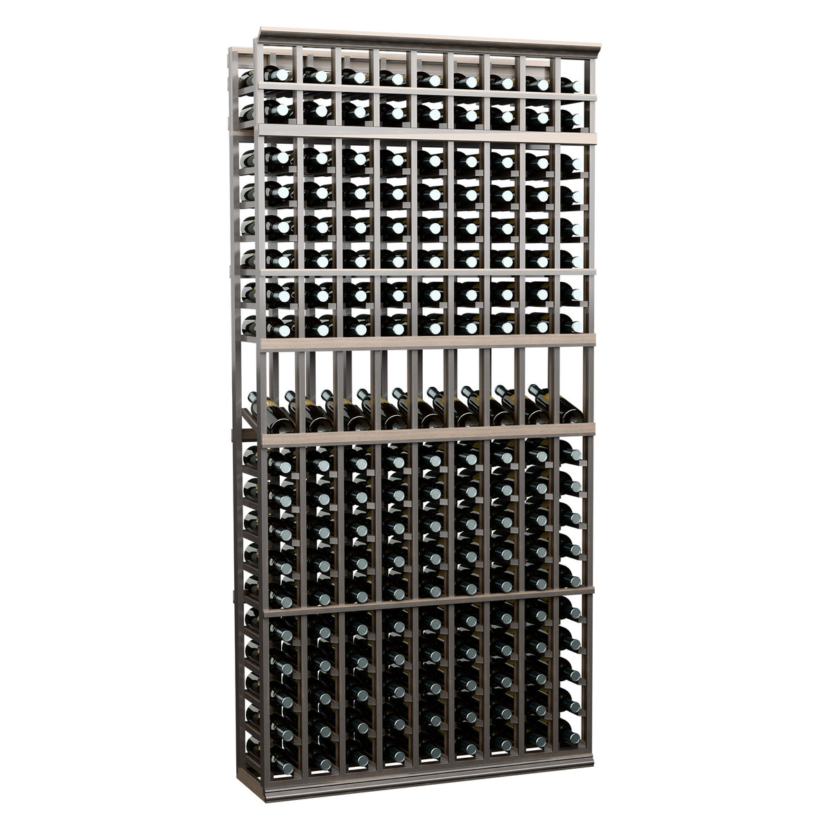 9-column wine bottle display rack with black frame and light wood top rail