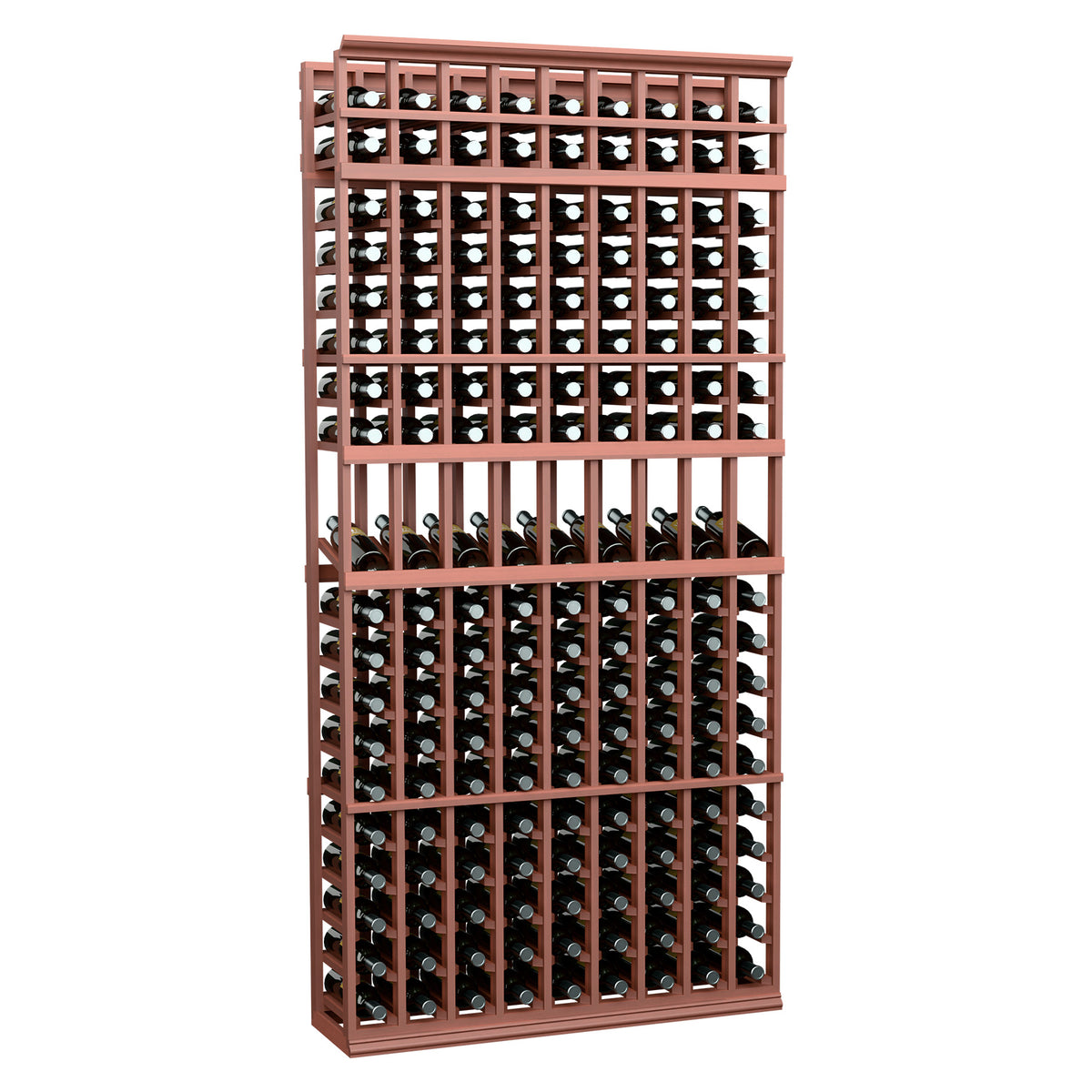 9-column wine bottle display rack with reddish wood frame and horizontal bottle holders