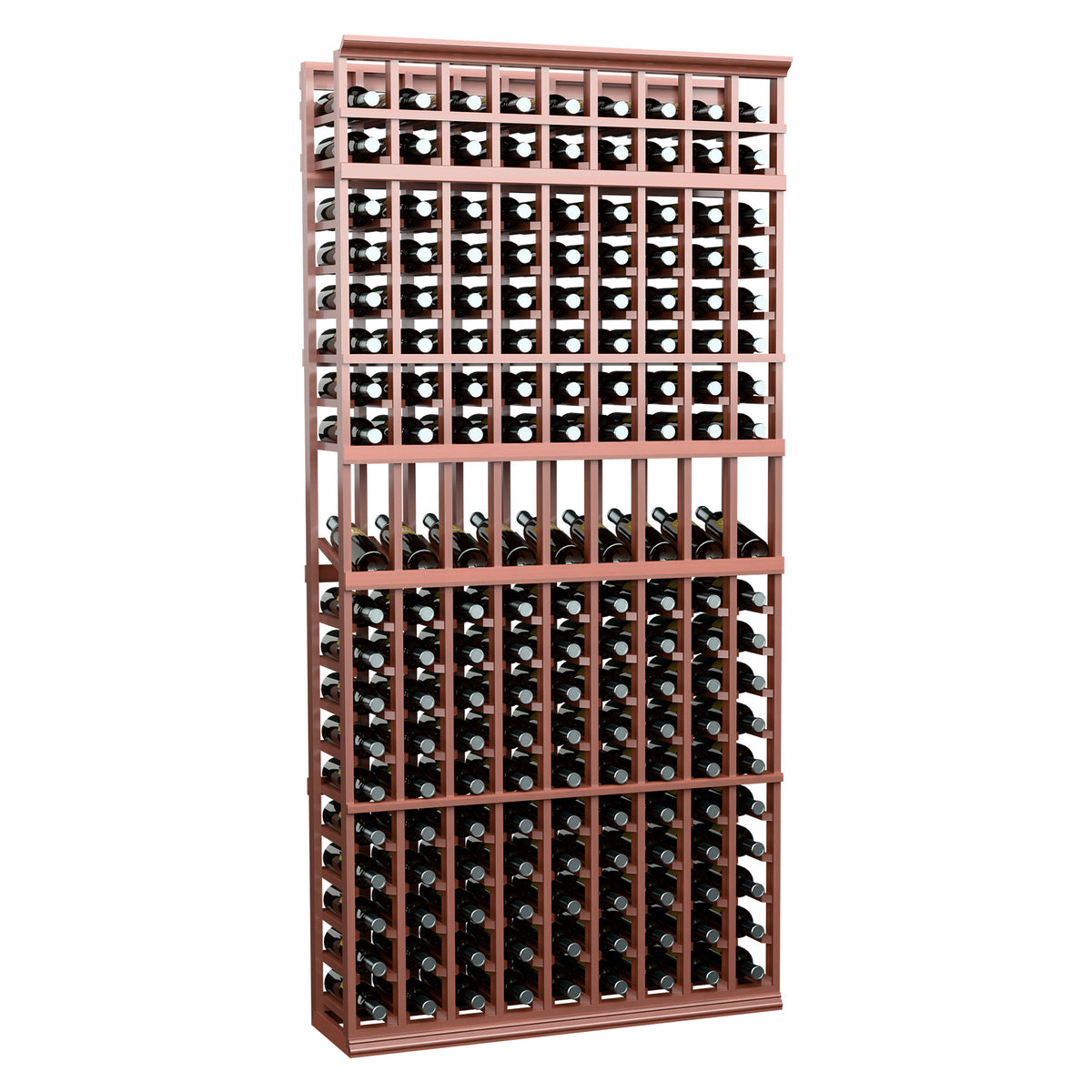 9-column wine bottle display rack with reddish wood frame and dark bottle storage rows