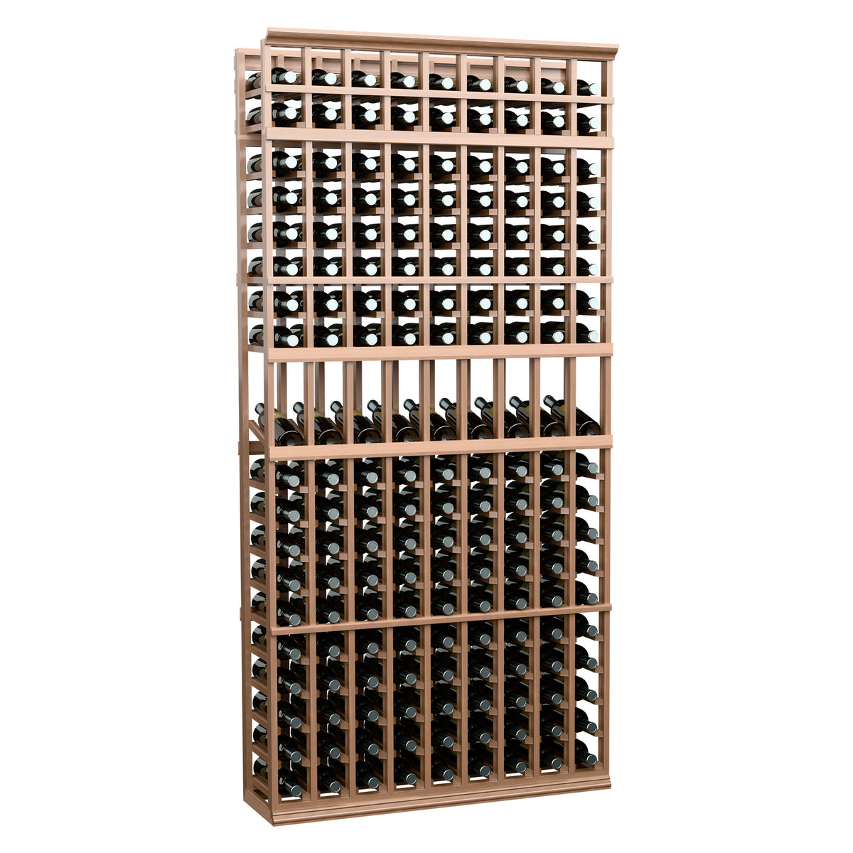 9-column wine bottle display rack with light wood frame and warm-toned bottle rows