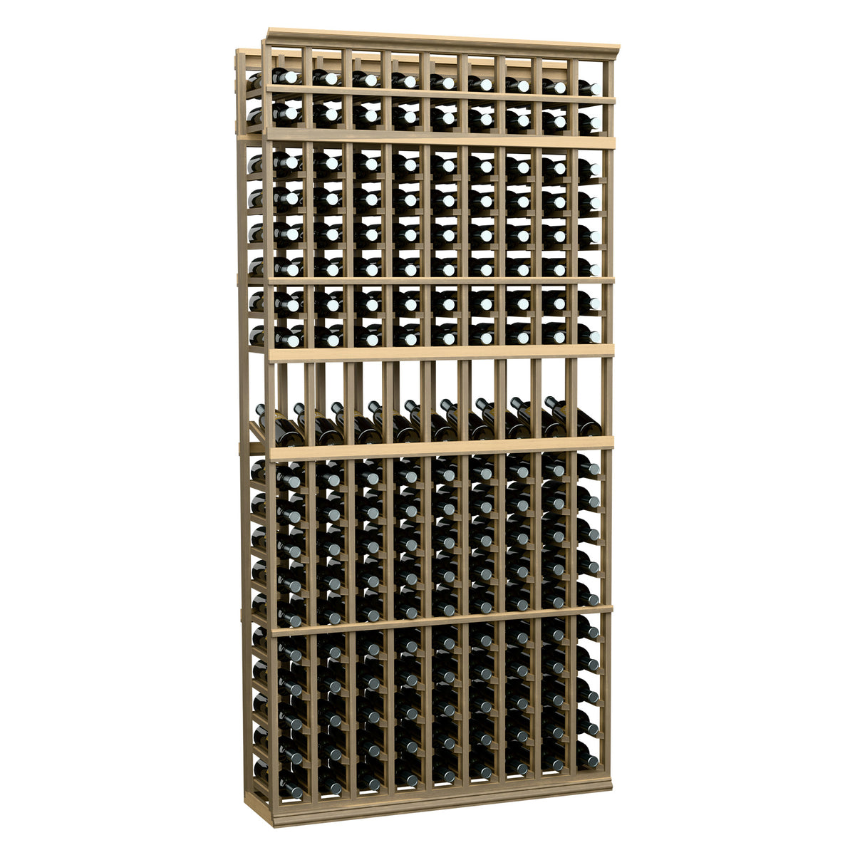 9-column wine bottle display rack with pale wood frame and horizontal bottle holders