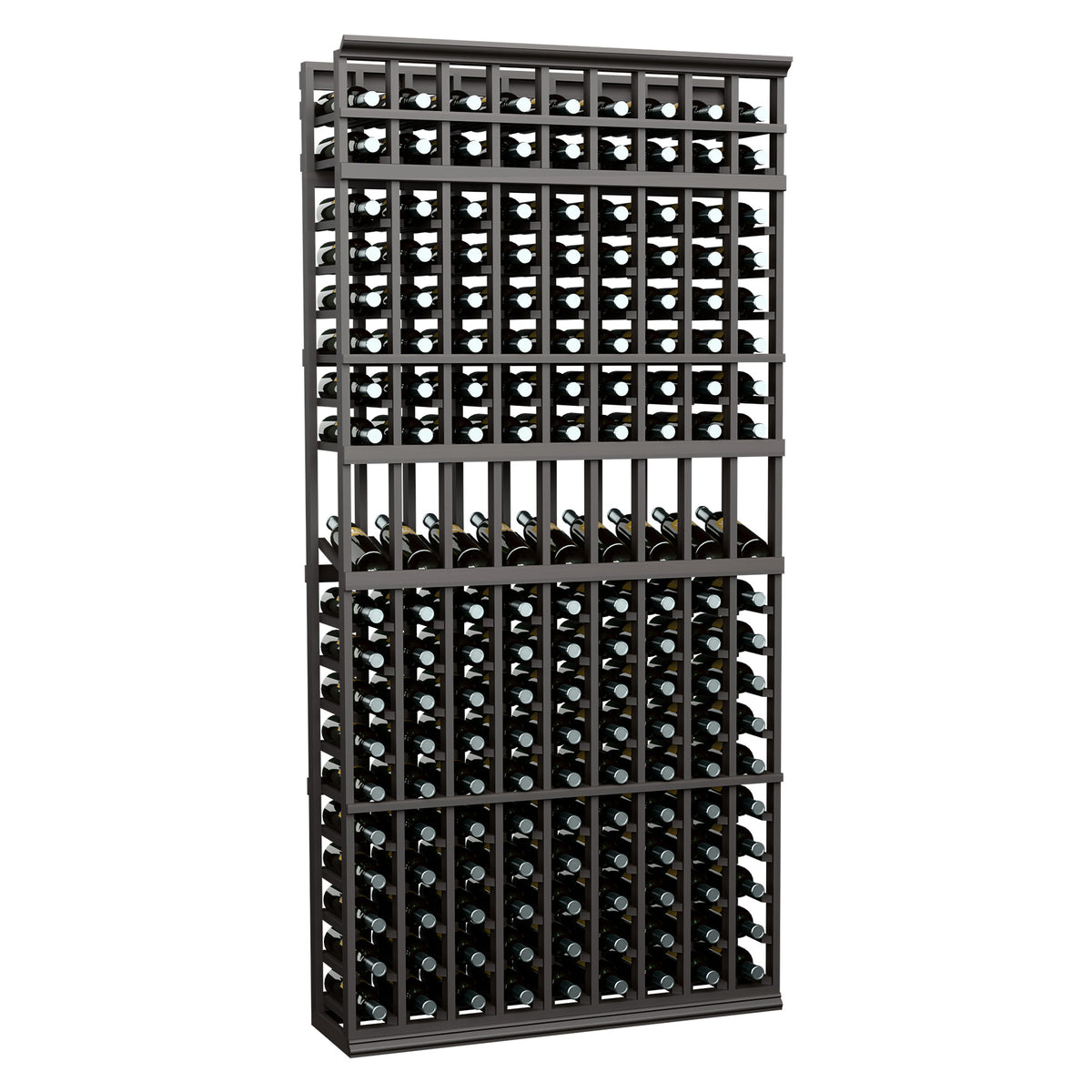 9-column wine bottle display rack with dark metal frame and horizontal bottle holders